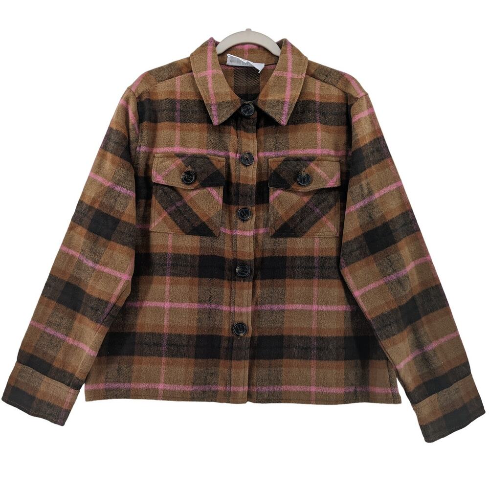 BB Dakota Steve Madden Boxy Plaid Shacket L Brown Womens Layering Shirt Jacket